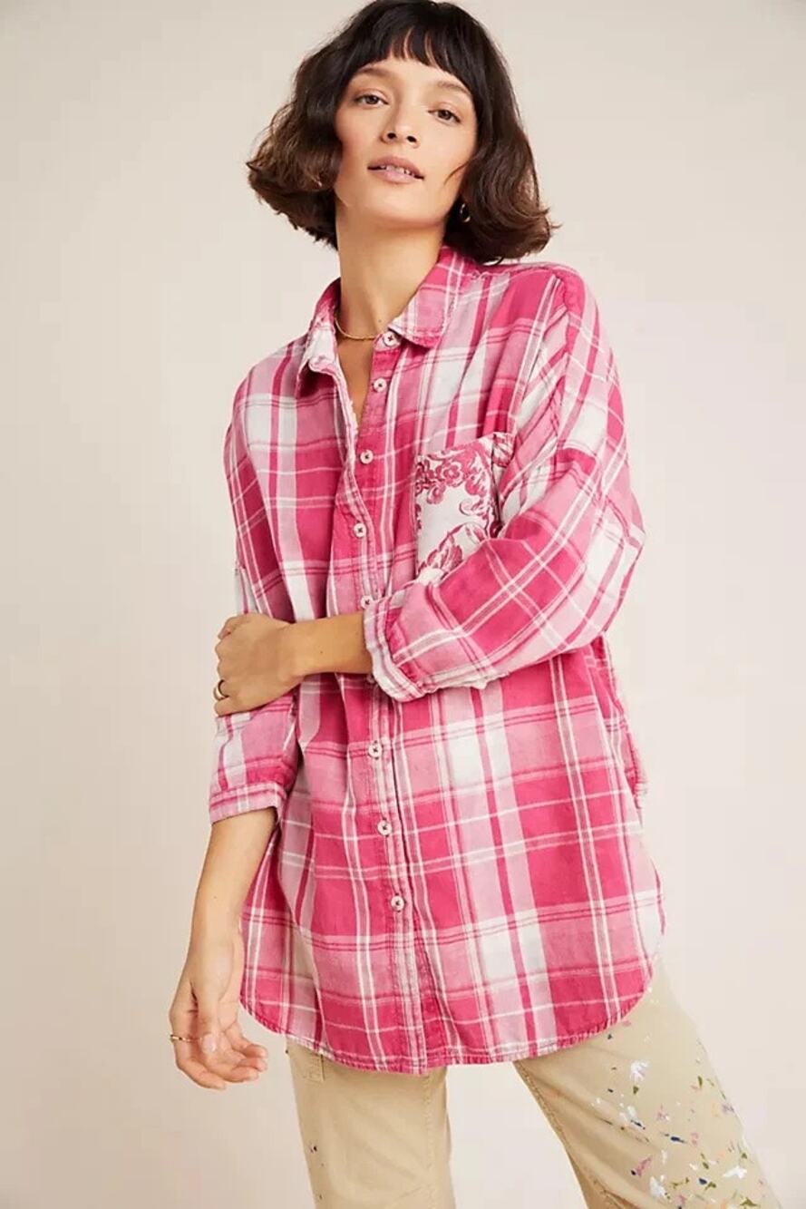 Anthropologie Pilcro & The Letterpress Bo Boyfriend Pink Plaid Button Up Top L